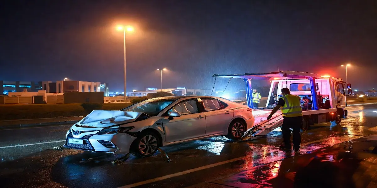 Safe flatbed loading of damaged Toyota Camry after accident in Sharjah