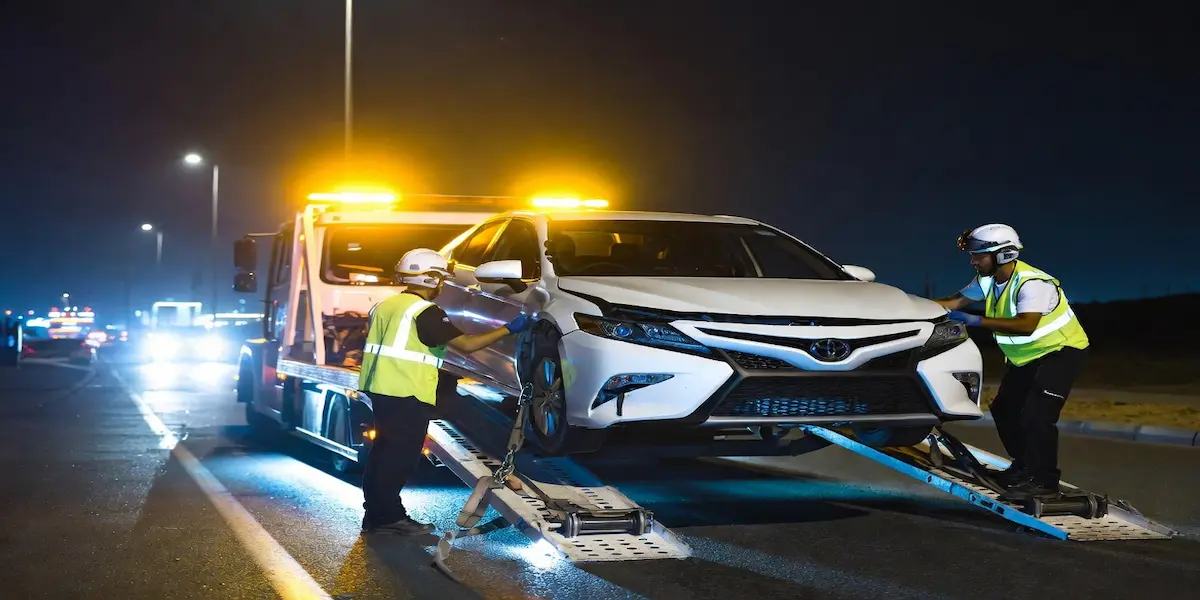 Flatbed loading a damaged vehicle after accident in Al Nahda Sharjah