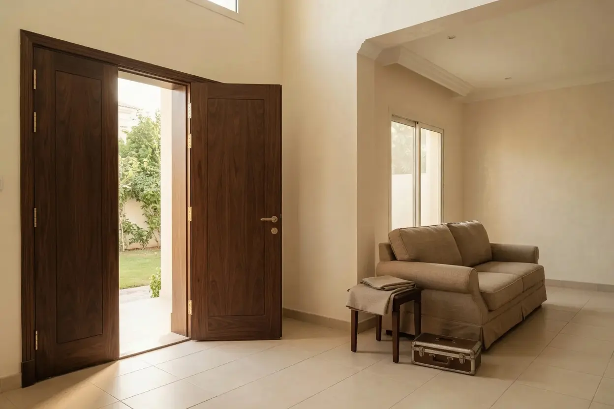 Carpenter and upholstery team restoring villa doors and sofas in Al Nahda, Sharjah — Raseen