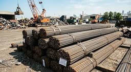 Bundled construction steel rebar scrap for recycling in the UAE, showing current market rates per kg.