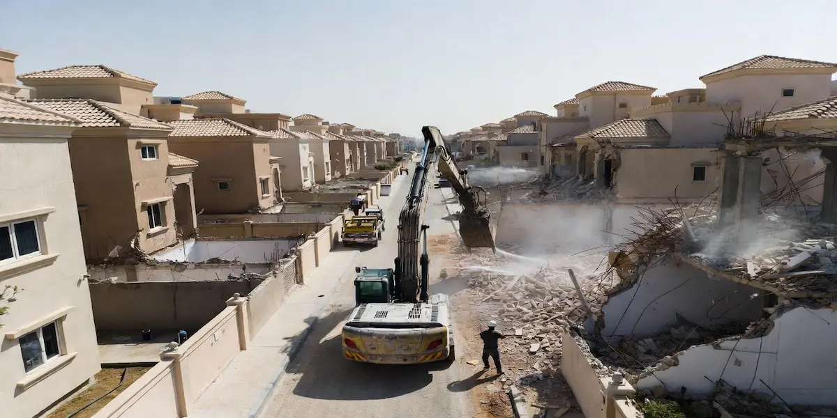 Excavator working in tight residential street Al Nuaimia Ajman