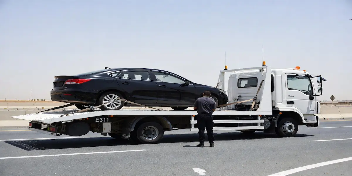 24/7 Car Recovery: Emergency Towing in Dubai & Sharjah Raseen recovery truck on the E311 road in Sharjah