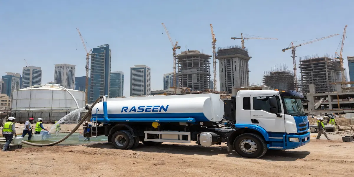 On-Demand Water Supply: Salt Water Tanker Services in Dubai & Sharjah Salt water tanker supplying a Dubai construction site for concrete curing