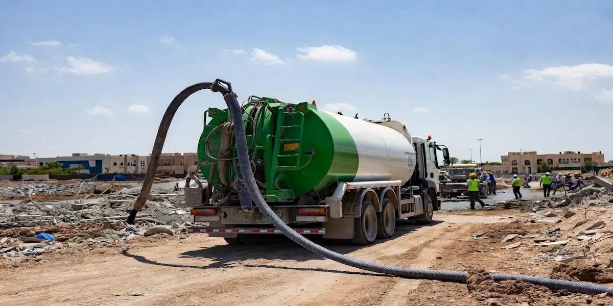 Waste Water & Sewage Removal Services UAE – Raseen Guide 2026 Orange vacuum tanker performing sewage and waste water removal at construction site in Abu Dhabi by Raseen